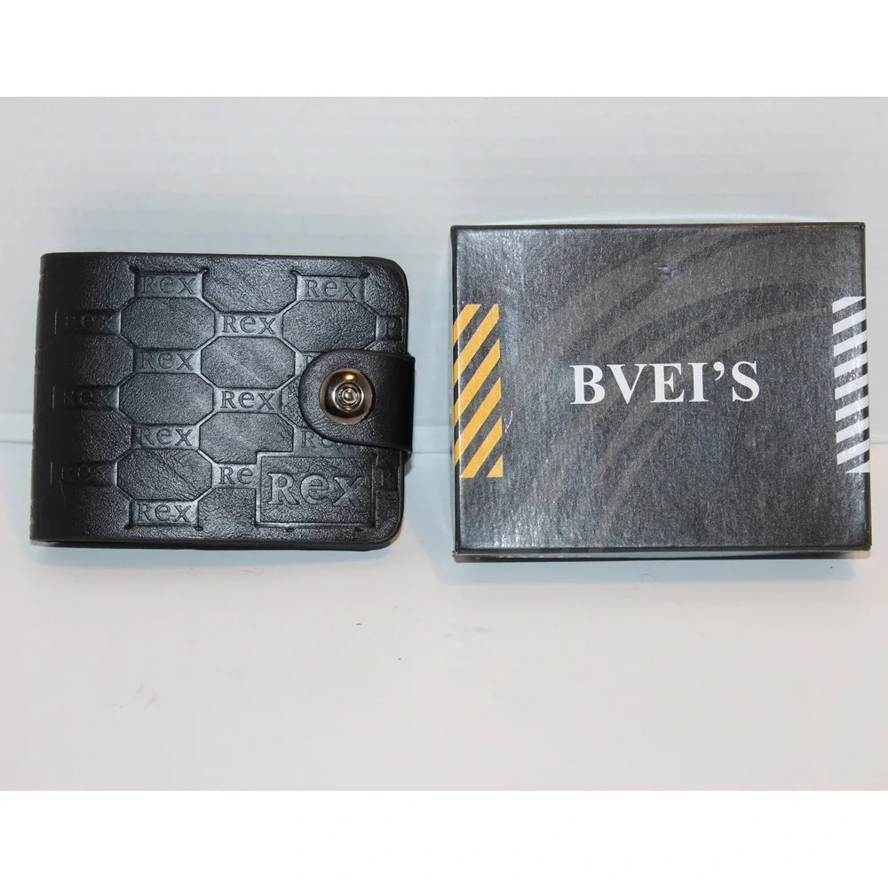 New BVEI'S Men's Black Faux Leather Rex Embossed Bi-Fold Wallet Snap Button NIB‎